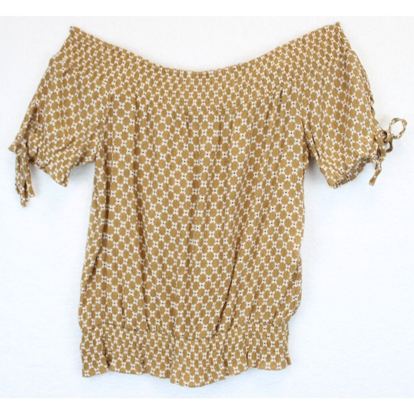 Sweet Wanderer Off Shoulder Top Floral Tan Short Slit Sleeve Women L Boho Chic - Picture 2 of 13